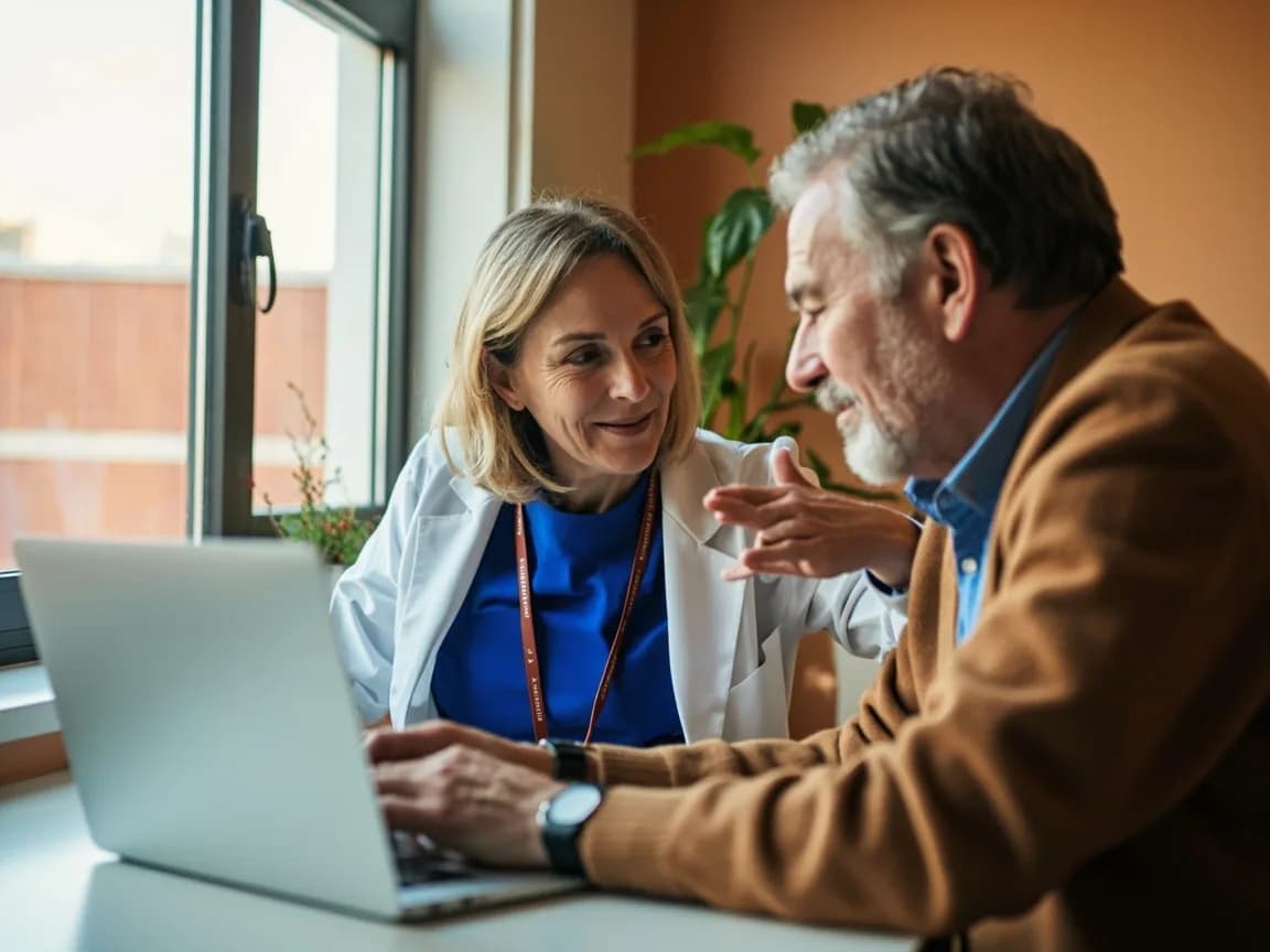 Médico explicando un diagnóstico a un paciente en consulta