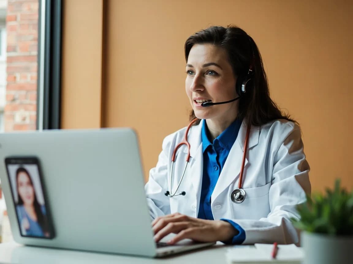 Médico en una videollamada de telemedicina con auriculares