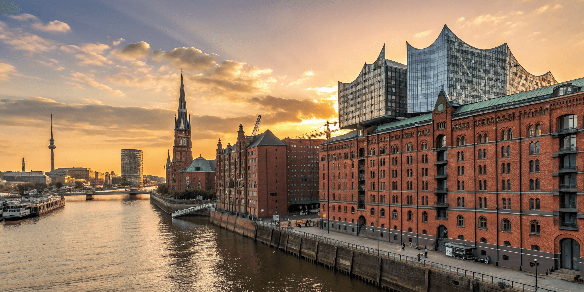 Hamburg cityscape at sunset with Elbphilharmonie